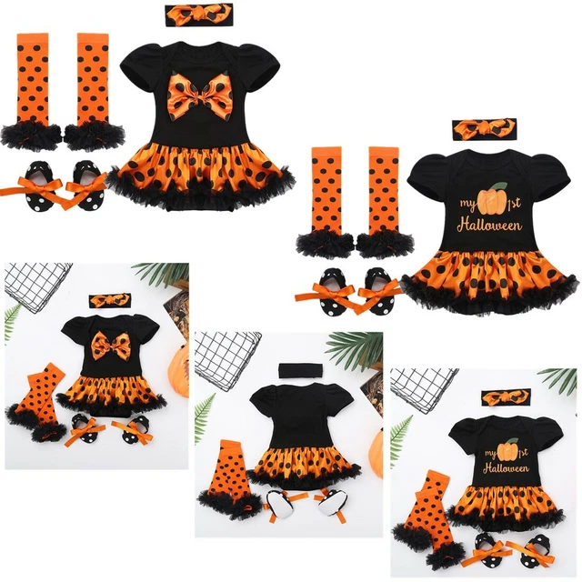 4PCS Newborn Baby Girl Romper Dress Halloween Outfit Costume Jumpsuit Tutu Skirt