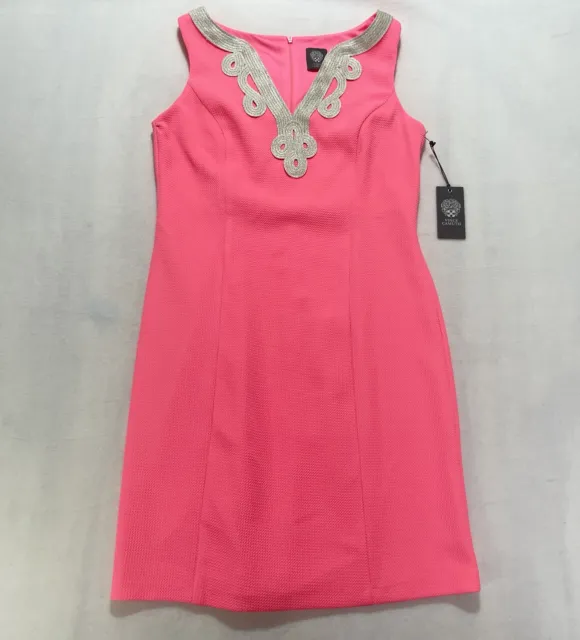 NWT Vince Camuto Shiny Gold Vibrant Pink Textured V Cut Dress Sz 8