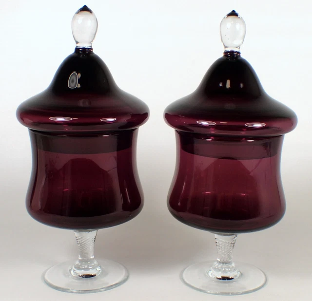 PAIR 8.75" Vtg EMPOLI Italy MCM Amethyst Purple Art Glass Apothecary Lidded Jar