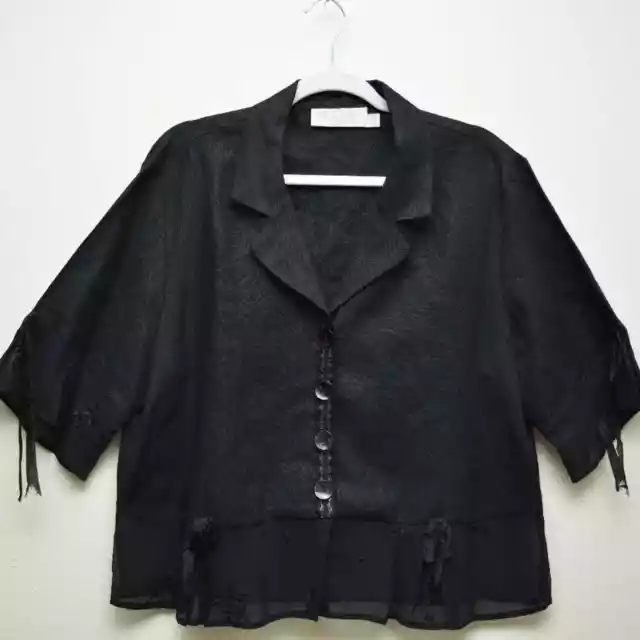 Womens Black Linen Silk Blend Lace Button Down Boho Wearable Art Size Large