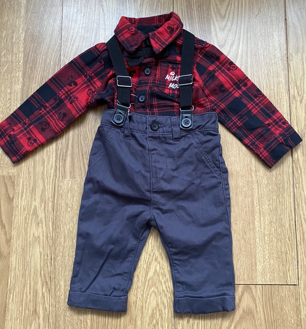 F&F Disney Baby Mickey Mouse Baby Boy Outfit Set Shirt Braces Trousers 0-3Months
