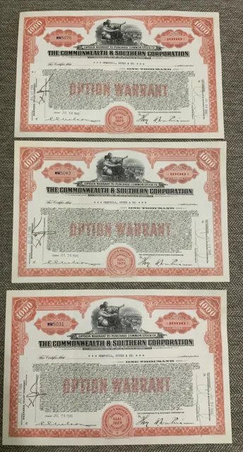 (Lot of 3) Commonwealth & Southern Corporation Stock Warrant Certificate Utility