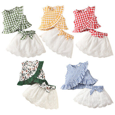 Baby Girls 2Pcs Summer Clothes Sleeveless Ruffle Plaid Tops+ A-line Skirt Set