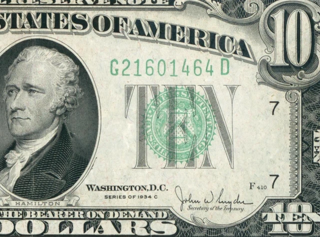 $10 1934 C ((HIGHER GRADE VF+++/XF)) Federal Reserve Note ** DAILY CURRENCY