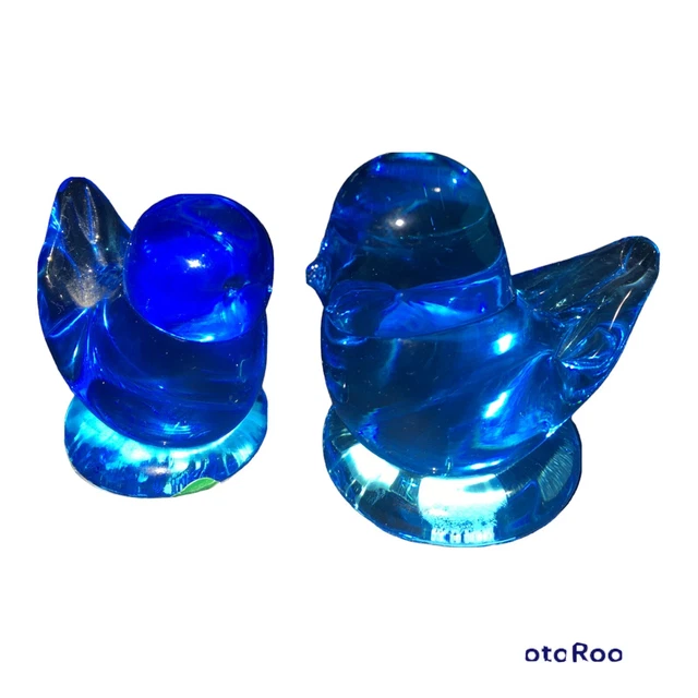 2 Vintage Ron Ray  1993 Blue Bird of Happiness Glass Signed 2" Tall And Leo Ward