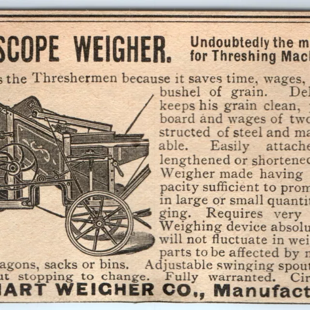 1890 Peoria, ILL Hart Weigher Threshing Machine Grain Print Ad Engraved IL C37