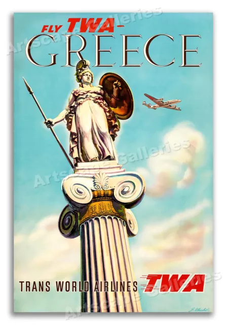 Greece - Fly TWA - Goddess Athena 1950s Vintage Style Travel Poster - 16x24