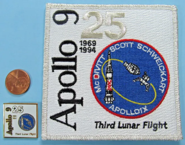 PATCH & enamel PIN PAIR vtg APOLLO 9 - 25th Anniversary - 3rd Lunar Flight NASA