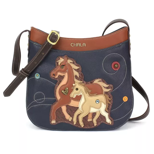 New Chala Navy Blue Horse With Colt Crescent Crossbody Tote Bag Purse Faux Lea