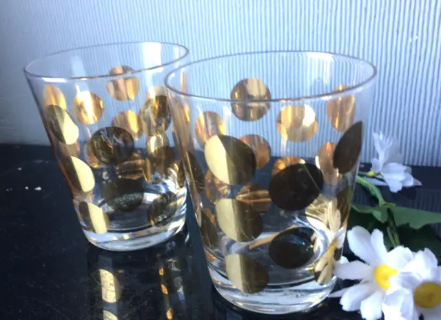 Set Of 2 Drinks Glasses Clear Tumbler Gold Dots Stemless Whiskey Glassware 350ml