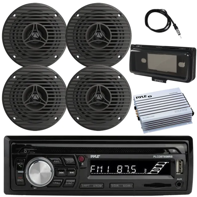 Pyle Marine CD Receiver, 3.5" 75W Speakers (QTY 4), Amp, Cover (Black), Antenna