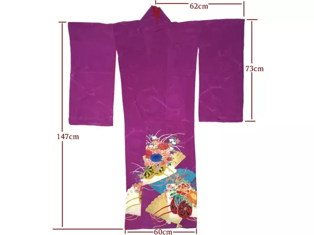 Vintage Lovely Purple Silk Hanaogi Flowers & Dance Fans Design Kimono Dec17-B