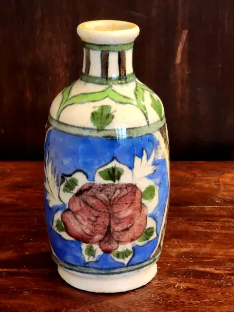 Vintage Glazed Rose Design 7" Pottery Bottle/Vase Handmade Ceramic Blue