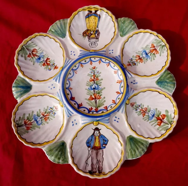 QUIMPER HR Oyster Plate Breton Bagpipe Whip French Hand Painted Faience 1900's A