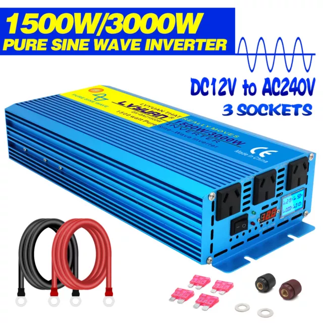 1500W 3000W Pure Sine Wave Power Inverter 12V to 240V Car Converter Camping Trip