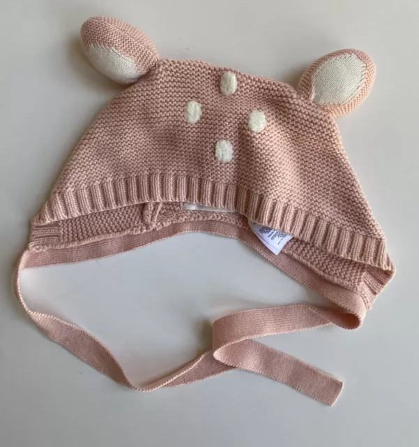 Purebaby baby girl size 0-6 months pink knitted hat beanie deer ears, VGUC