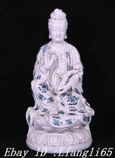 15"Blaue weiße Porzellanblume Muster Ruyi Kwan-yin Guan Yin Göttin Statue