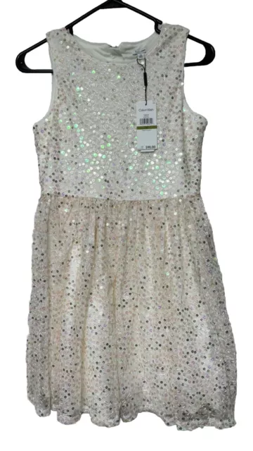 Calvin Klein Girls Size 14  Sleeveless Party Dress Sequins Pink Silver NEW