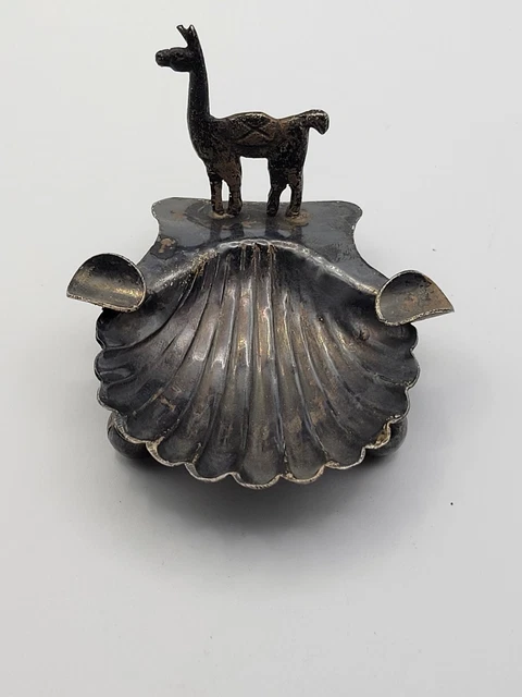 unique vintage Antique Peruvian sterling Silver Clam Shell Llama Ashtray