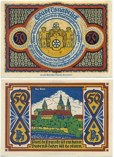 Osnabrück, 1 Schein Notgeld 1921, Wappen, Der Dom, 50 Pfennig,