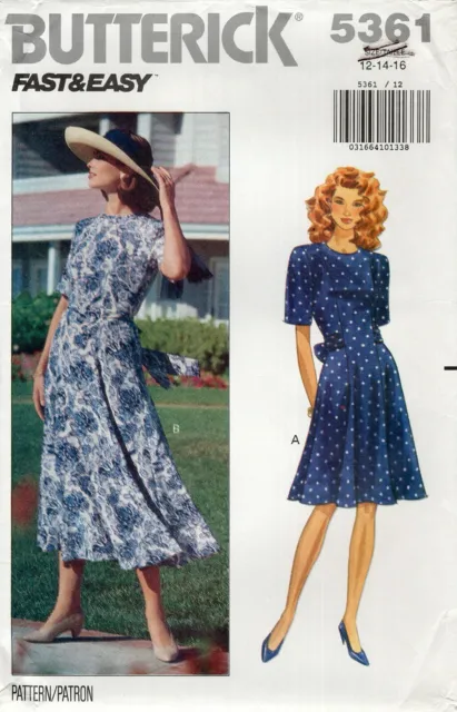 Butterick 5361 Fit & Flare Dress w Back Sash, 2 Lengths Sz 12-16 UNCUT Pattern