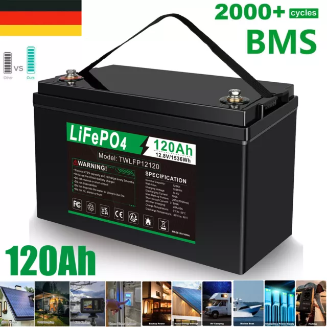 120Ah 12V Lithium Batterie LiFePO4 Akku BMS Solarbatterie Solaranlage Boot RV DE