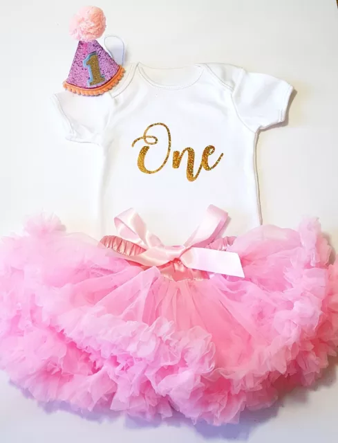 1st Birthday Outfit Baby Girls Frilly Tutu  Dress Skirt Cake Smash + Party HAT