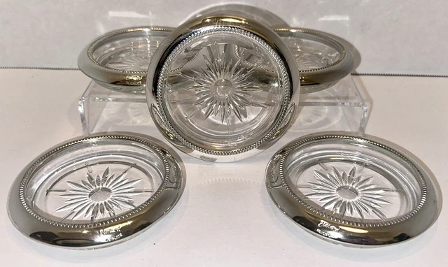 Vintage LEONARD Italy Silver Plated Set of 4 Crystal Glass Table Drink Coasters