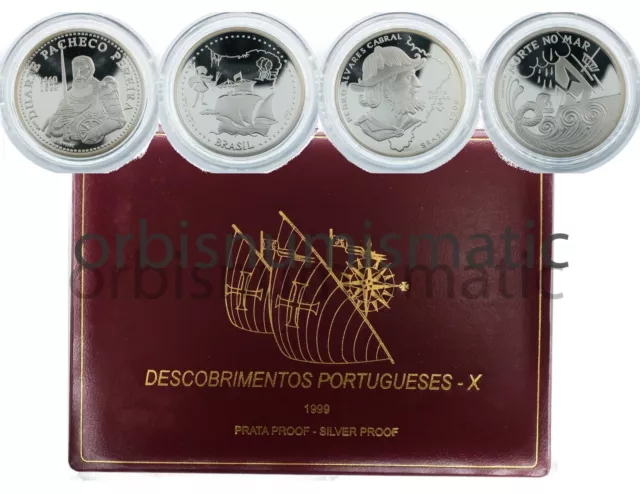 1999 PORTUGAL 4x 200 ESCUDOS SILVER PROOF SET DISCOVERY OF BRAZIL X SERIE RARE