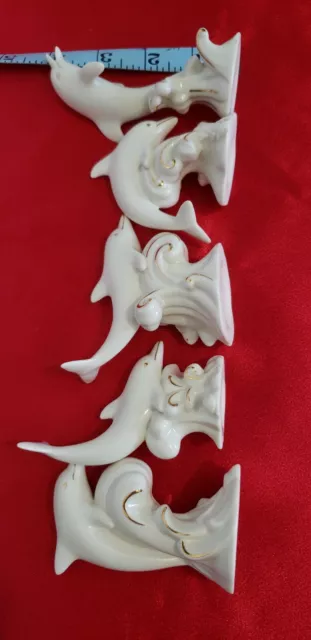 Lenox Set Of 5 Dolphin Figurines Riding Waves Gold Trim Hand Crafted  3"-4"H