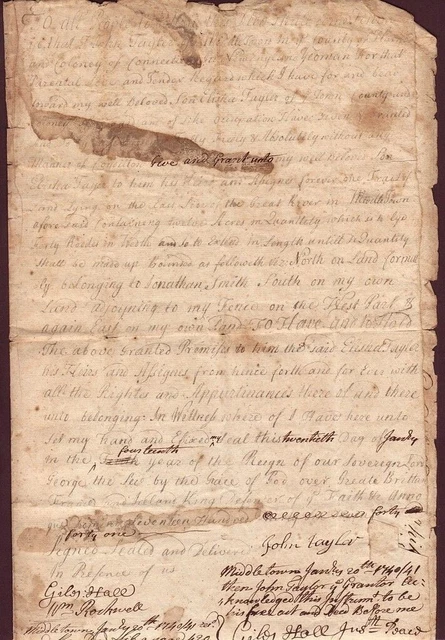1741 antique COLONIAL DEED middletown ct JOHN TAYLOR GILES HALL jop ROCKWELL