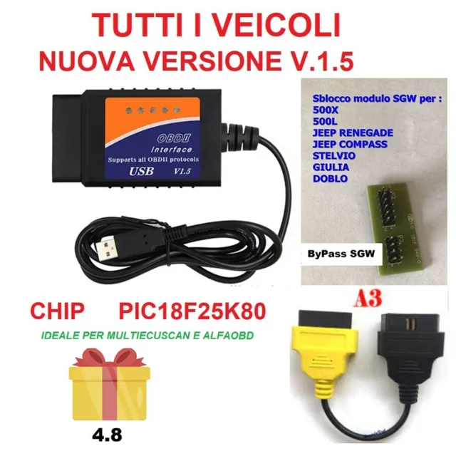 KIT per Multiecuscan Software ByPass+ELM327 OBD + CAVO A3 500E MITO GIULIETTA