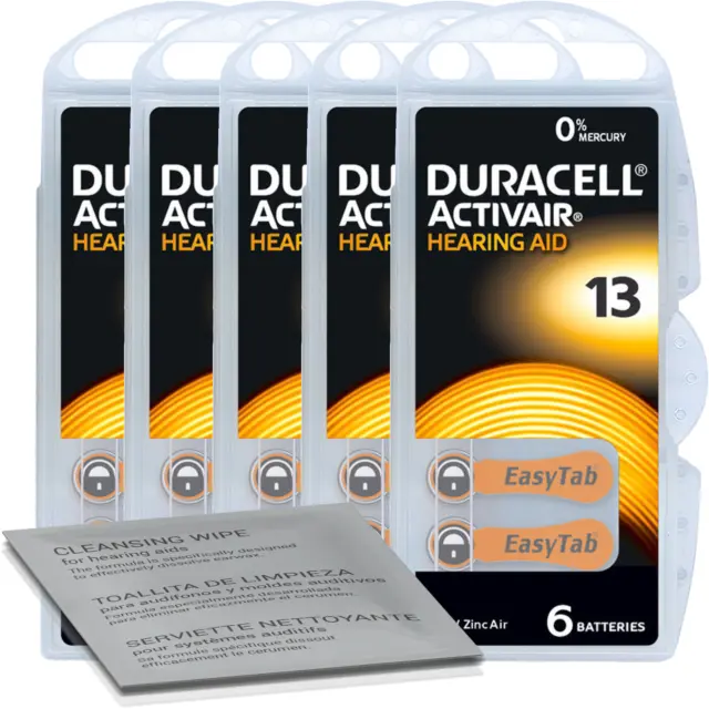 30 batterie per apparecchi acustici Duracell Activair 13 arancioni (5 fogli...