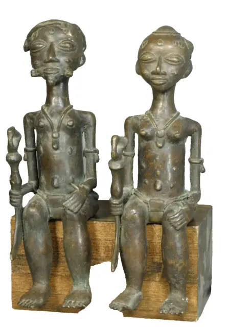 2 Vintage Beninin Edo Oba Nigeria Bronze Ancestor King Queen Statue Sculpture