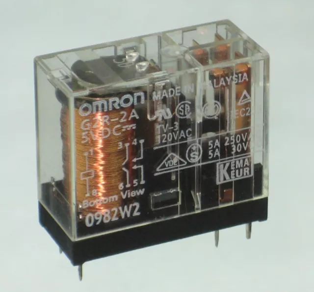 Omron G2R-2A-5V Relay ╍ DC 5 volt, DPST 5A contacts ╍ 6 pin gp. PCB, stock item