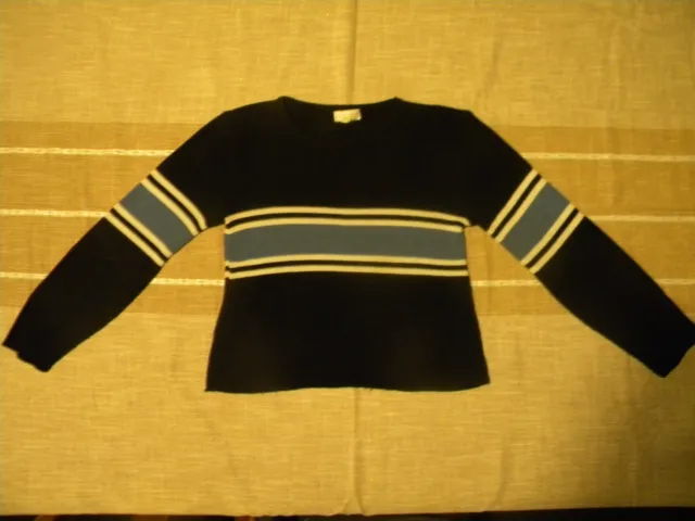 VINTAGE In Charge Black Blue White Sweater Crew Neck Long Sleeve Cropped Sz L