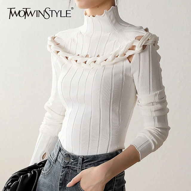 Twotwinstyle Slim Twist Kink Sweater For Women Turtleneck Long Sleeve Hollow