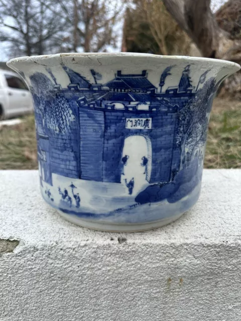 Maravillosa Antigüedad Chino Porcelana Cuenco Blanco Y Azul 27.9cm X 17.8cm