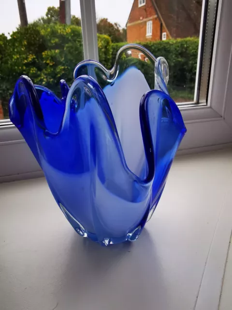 Vintage Japanese Sanyu  Blue, White & Clear handkerchief Art Glass Vase C1970'S