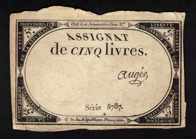 Assignat de 5 livres du 10 brumaire An 2 French Republic bank-note paper money