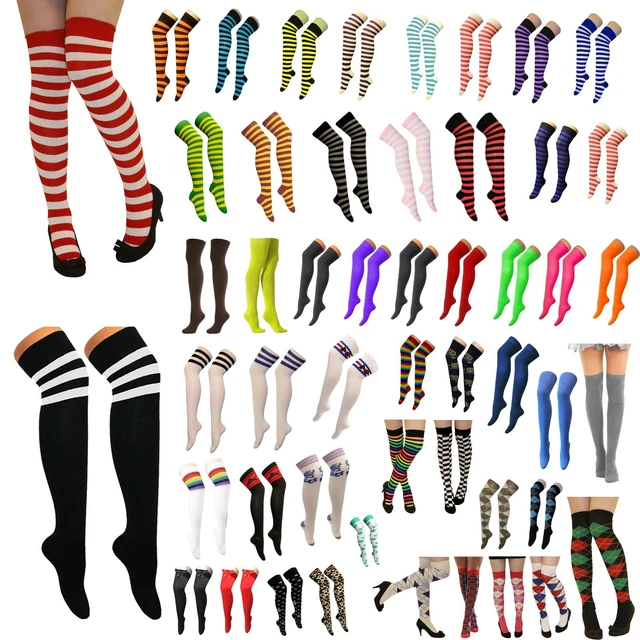 LADIES GIRLS OVER The Knee Socks Thigh High Women Referee Striped Plain