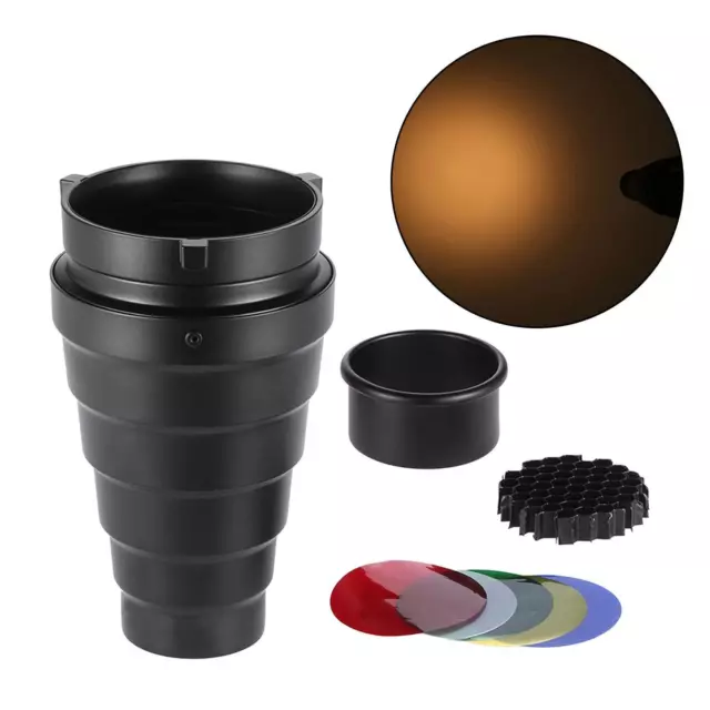 Aluminum Alloy Conical Snoot with Honeycomb Grid 5 x Color Gel Filters for