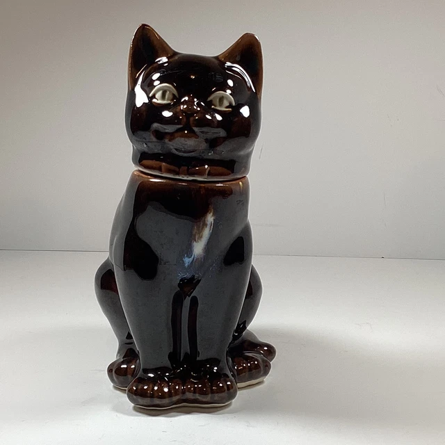 Cat Kitty Decanter Figure Brown Blue White Shiny Glazed  Statue 8 1/2” Vintage