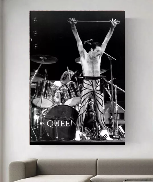 Freddie Mercury on Stage Queen Black & White Box Canvas Wall Art or Poster Print