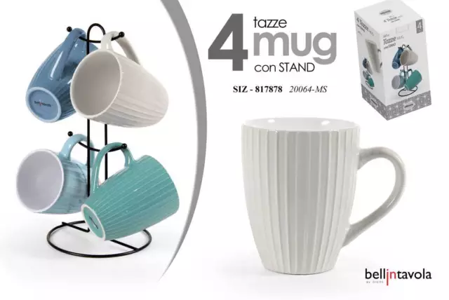Set 4 Tazze Mug + Stand Verticale Tazza The Te Tisana Cappuccino Latte 360 Ml