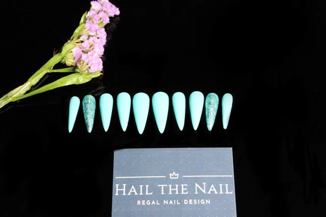Turquoise glitter Press on nails - hand painted - various shapes and extra wide