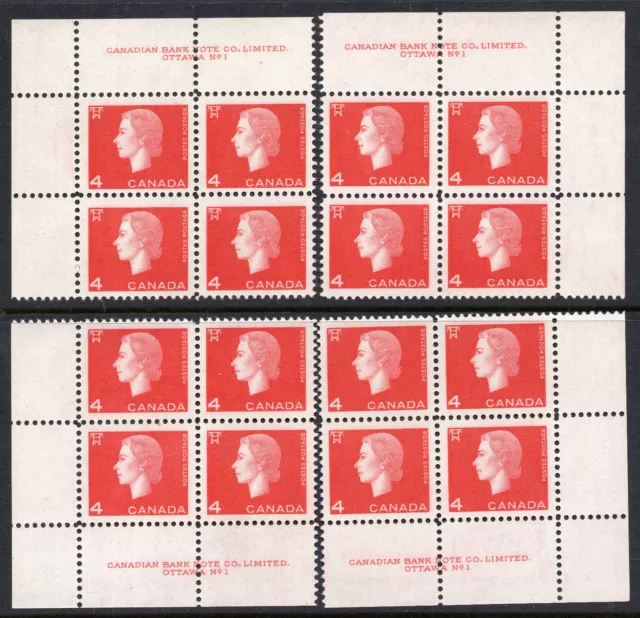 Canada 404 VF MNH matched set of plate #1 blocks, 4c carmine QEII Cameo issue