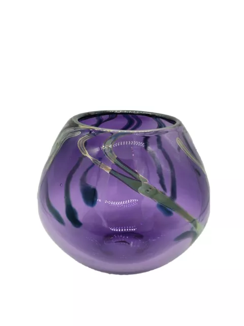 Glass Amethyst Purple Silver Circular Vase Bowl Hand Blown Signed D Hilty