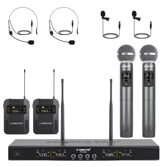 Phenyx Pro Wireless Microphone System, 4-Channel Wireless Mic Set with Handheld