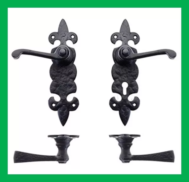 Cast Iron Black Antique Fleur-De-Lys Ornate Lever on Backplate Door Handle Set